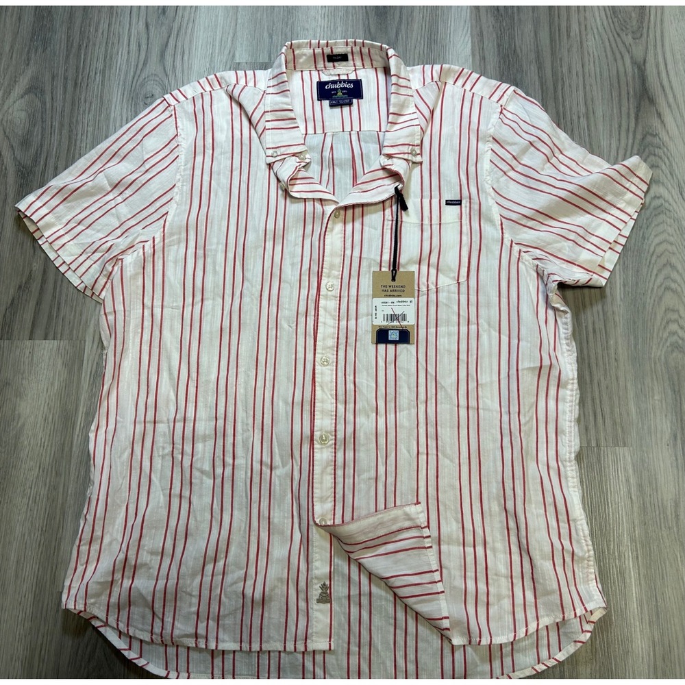 Chubbies Mens The Ruby Ribbon Resort Weave Friday Shirt XXL Red White Striped
